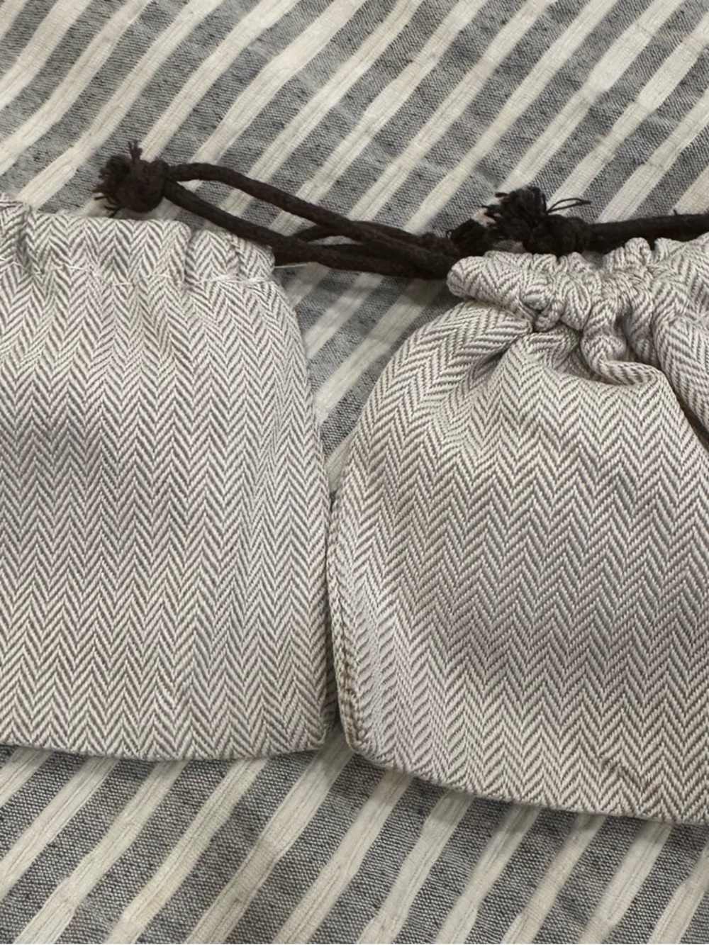 Neutral Herringbone Drawstring Pouches - Set of 2